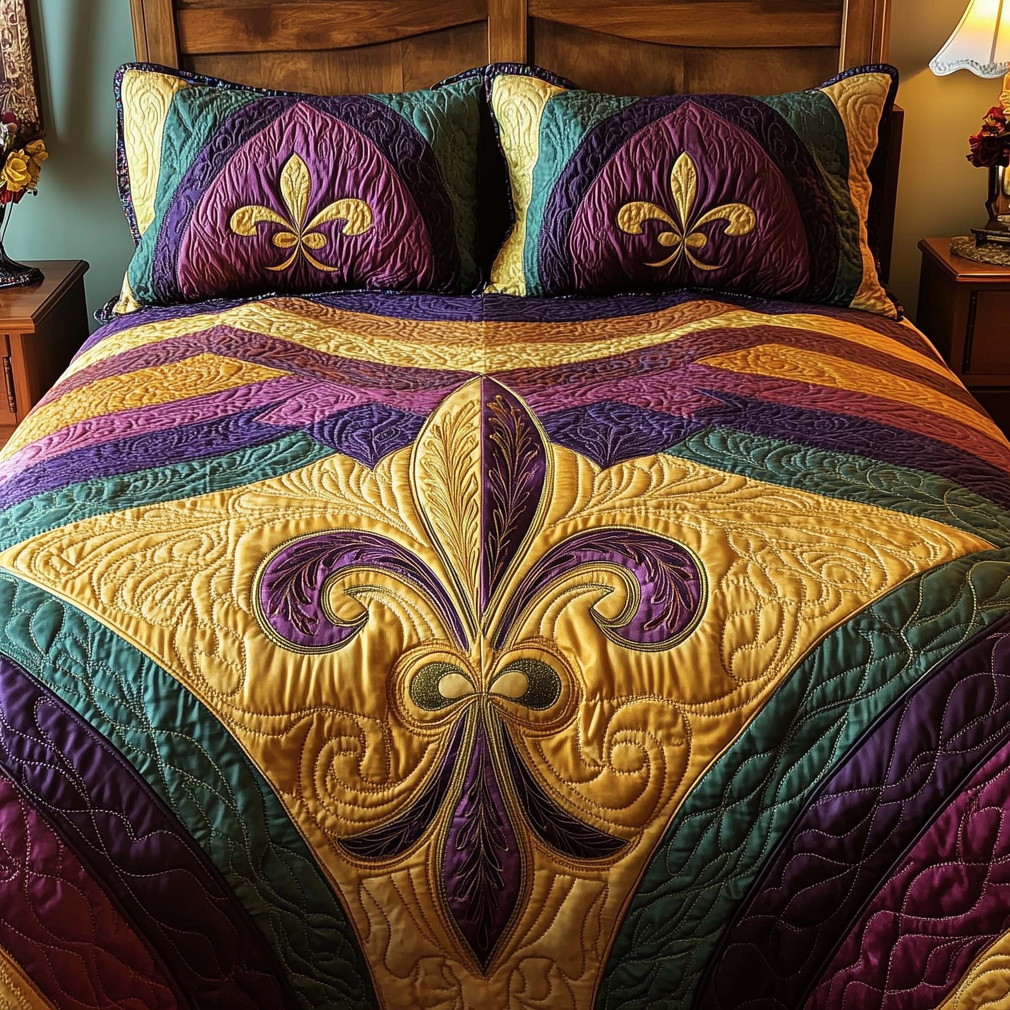 Fleur De Lis Quilted Bedding Set Holiday Home Decor Presents For Flower Lovers - Tradiviet