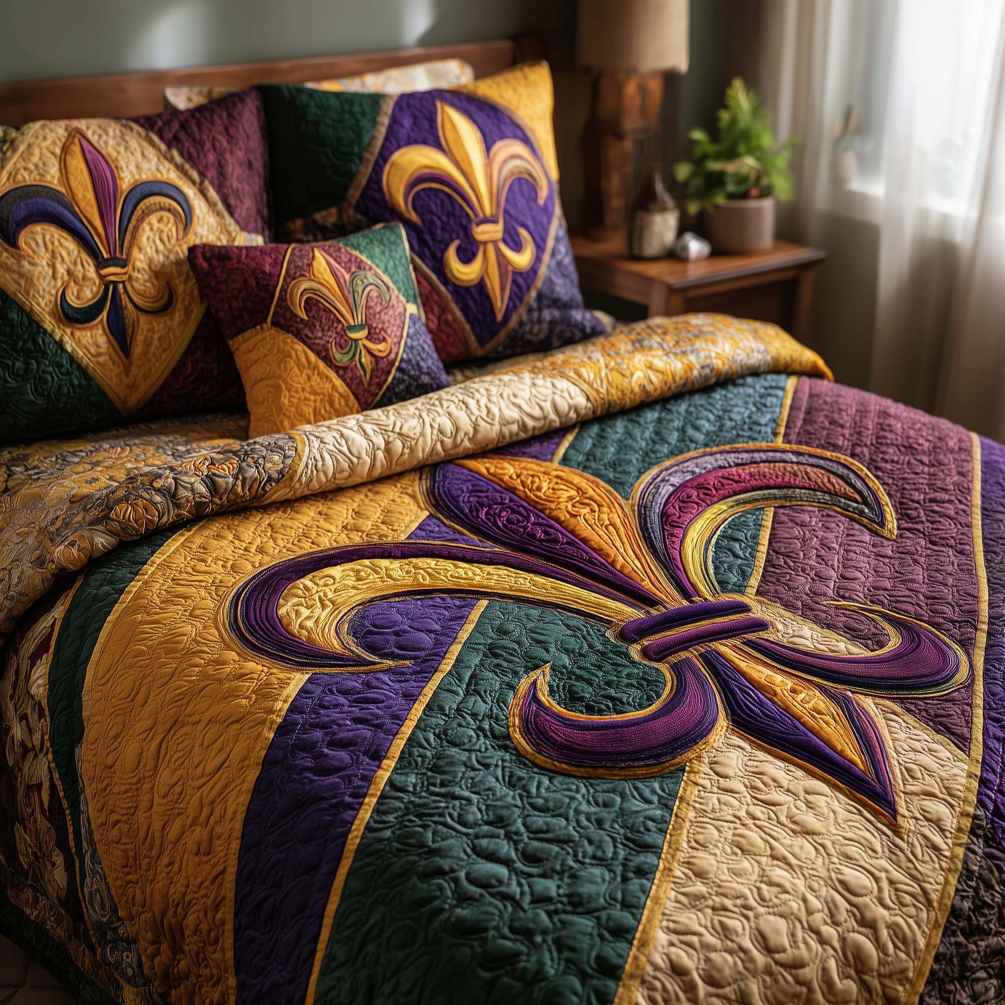 Fleur De Lis Quilted Bedding Set Room Decoration Items Birthday Gifts For Flower Lovers - Tradiviet