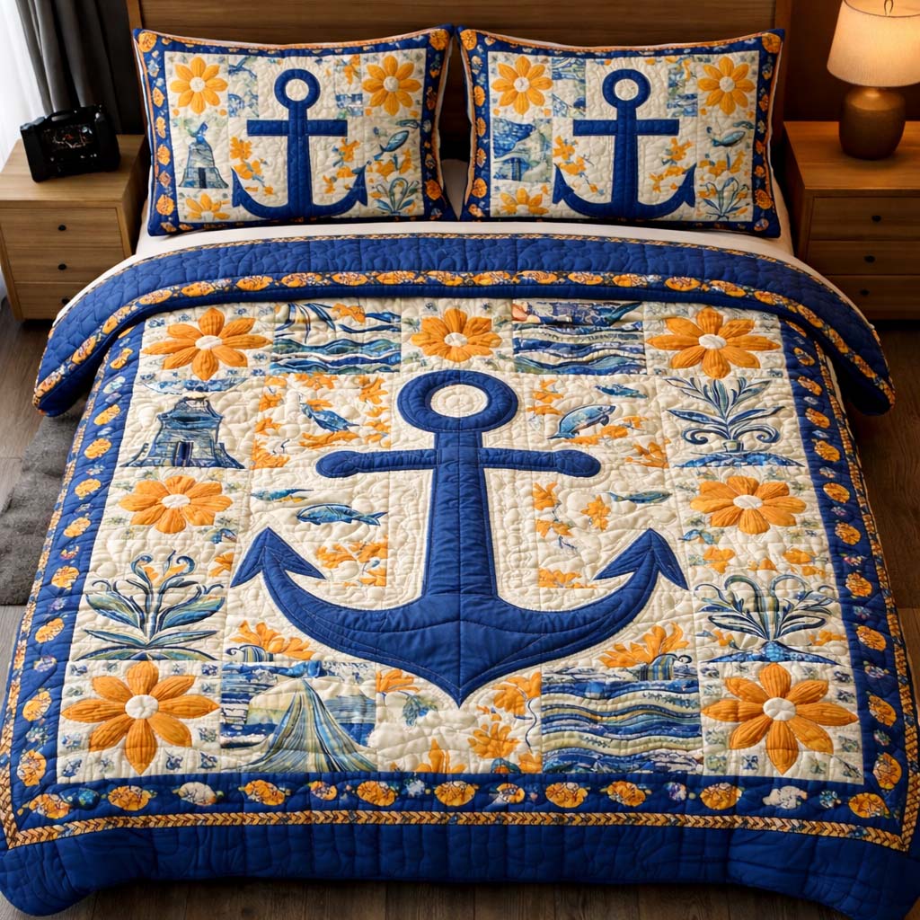 Floral Anchor Quilted Bedding Set Room Decoration Items Birthday Gifts For Flower Lovers - Tradiviet
