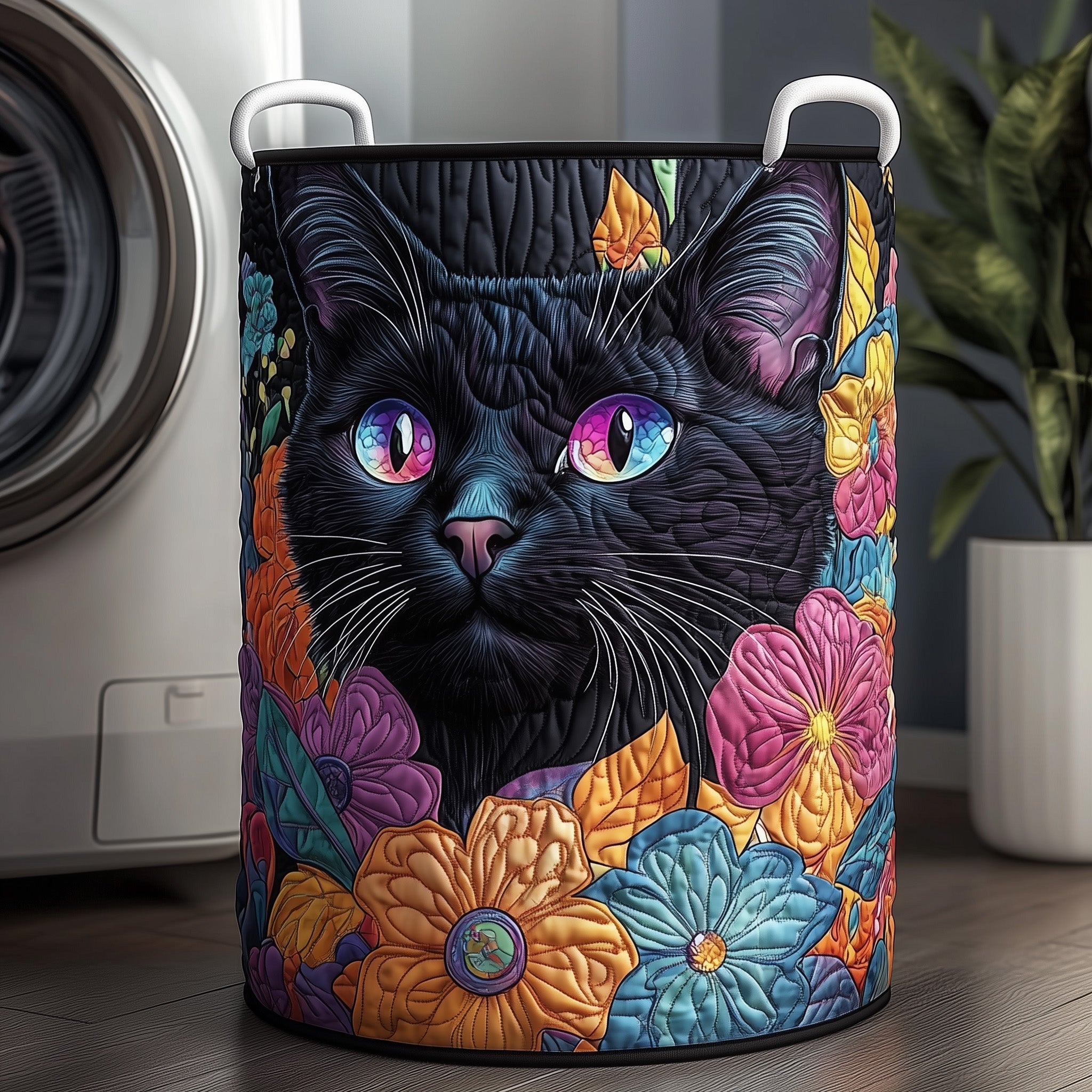Floral Black Cat Quilted Laundry Basket Cute Laundry Hamper Gift Ideas For Dad - Tradiviet