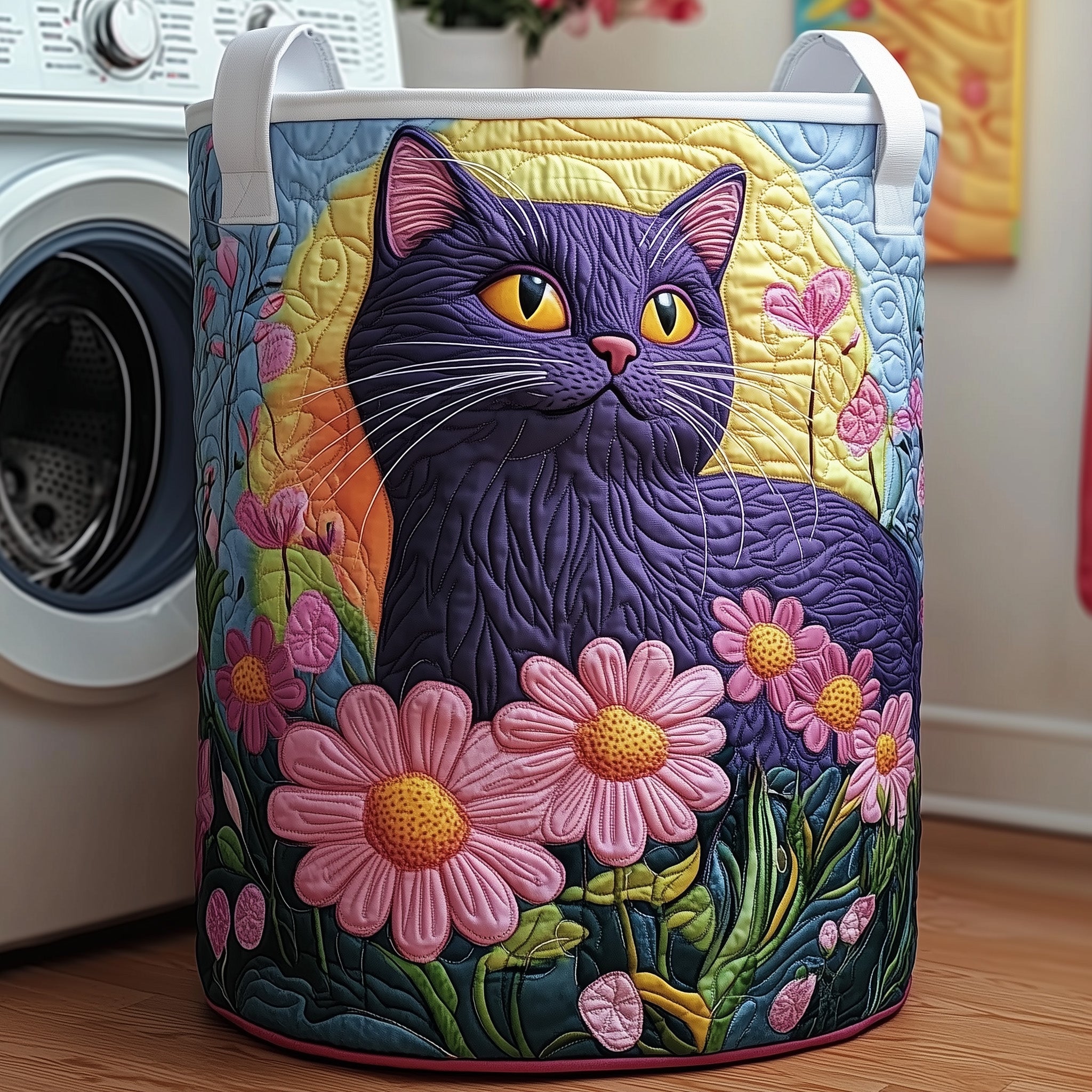 Floral Black Cat Quilted Laundry Basket Holiday Room Decor Gifts For Mother In Law - Tradiviet