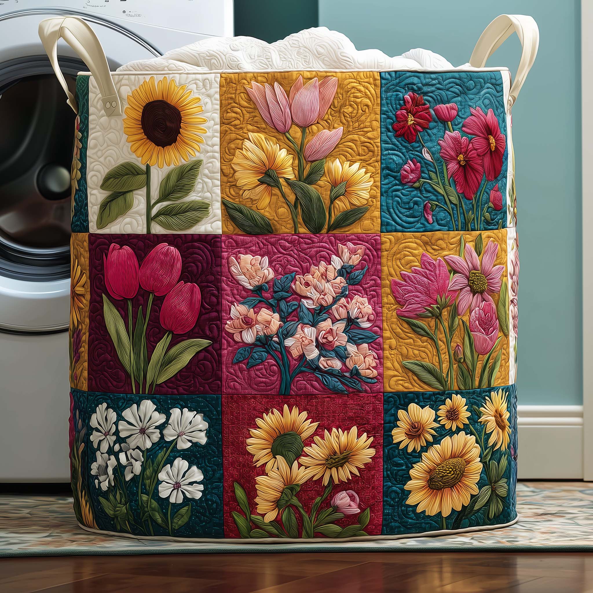 Floral Bloom Quilted Laundry Basket Funny Baskets Presents For Daughter - Tradiviet