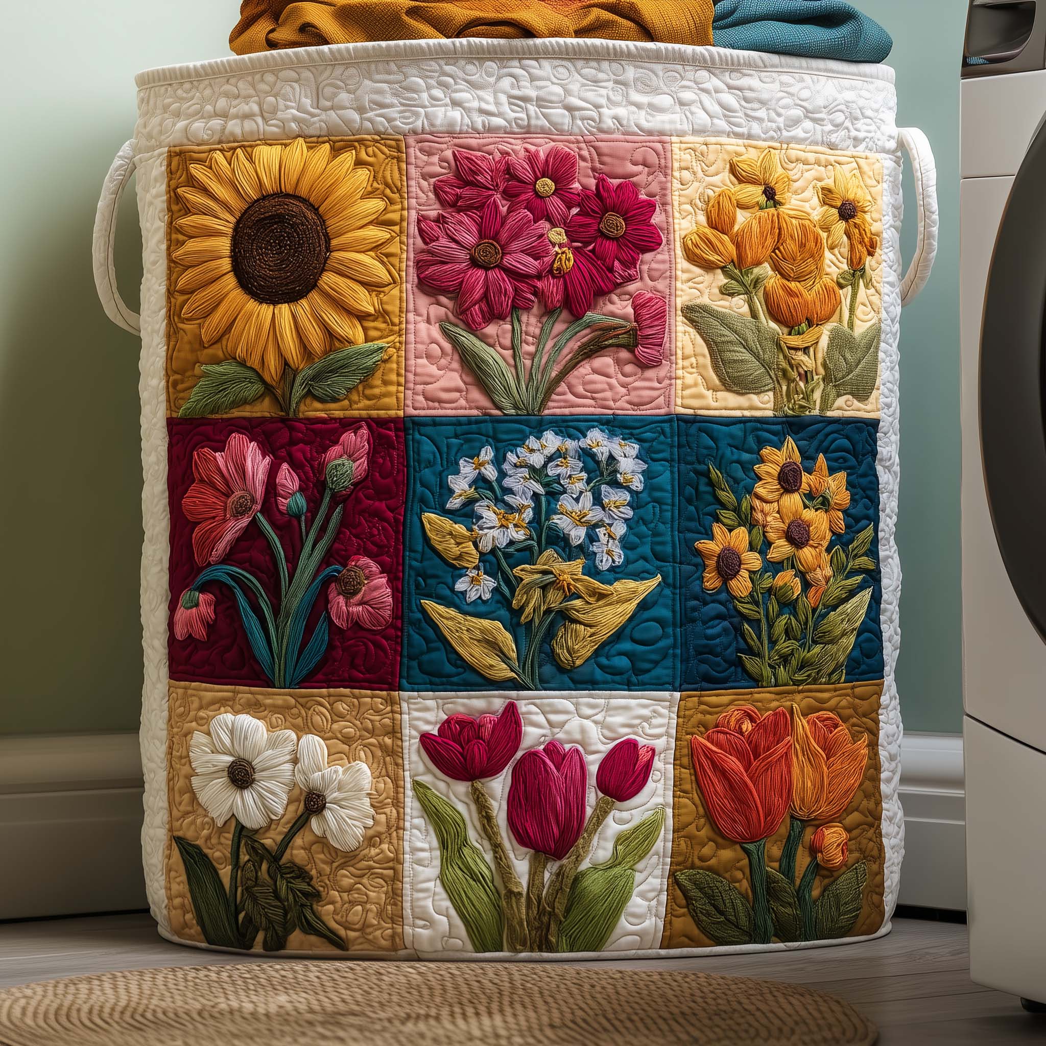 Floral Bloom Quilted Laundry Basket Washroom Decor Basket Happy Fathers Day - Tradiviet
