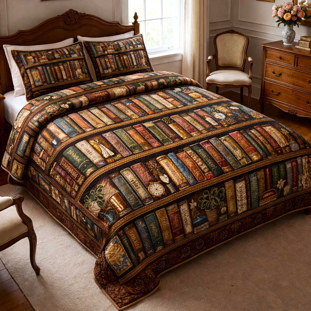 Floral Bookshelf Quilted Bedding Set Holiday House Decorations Book Gifts For Father's Day - Tradiviet