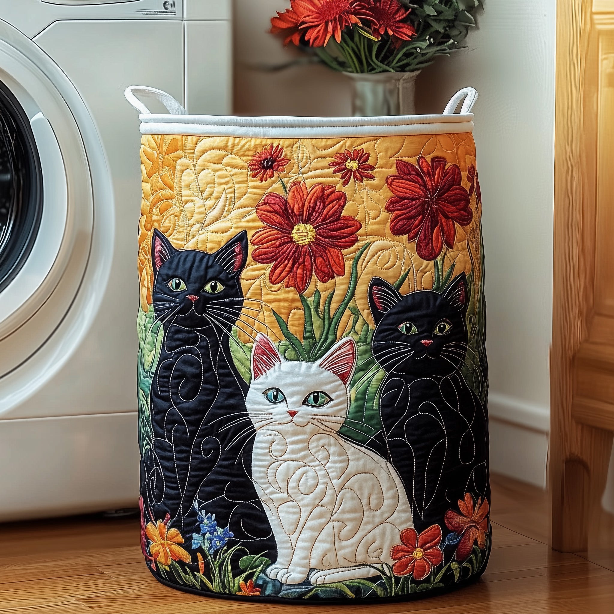 Floral Cats Quilted Laundry Basket Cute Laundry Hamper Great Mother's Day Gifts - Tradiviet