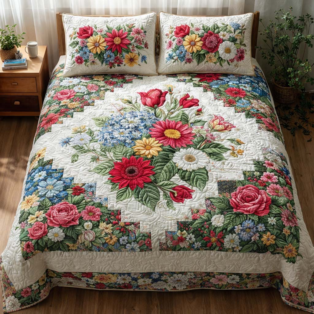 Floral Elegance Quilted Bedding Set Bedroom Decorations Flower Gifts For Grandma - Tradiviet