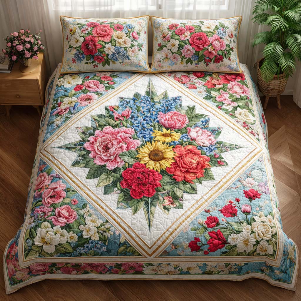 Floral Elegance Quilted Bedding Set Holiday Bedroom Decor Best Gifts For Flower Lovers - Tradiviet