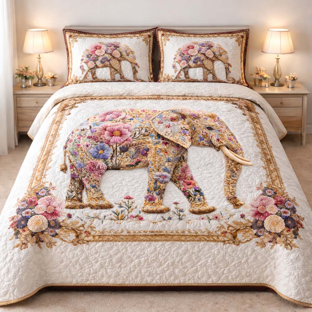 Floral Elephant Quilted Bedding Set Bohemian Bedroom Furniture Gifts For The Flower Lover - Tradiviet