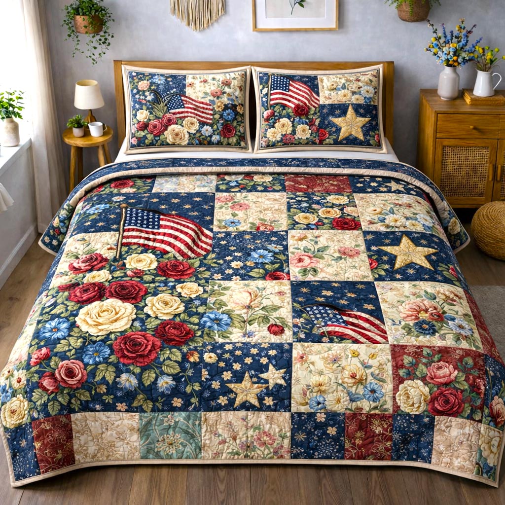 Floral Freedom Quilted Bedding Set Decorations For Bedroom Presents For Mom - Tradiviet