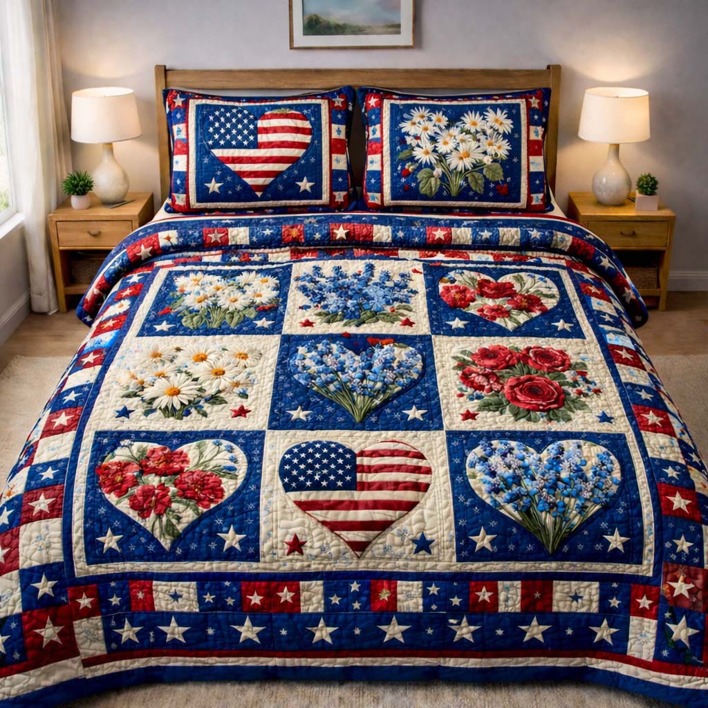 Floral Freedom Quilted Bedding Set Holiday Room Decorations Gift For Husband - Tradiviet