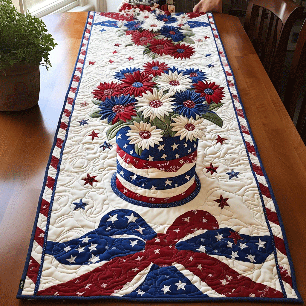 Floral Freedom Quilted Table Runner  Holiday Table Runner Fourth Of July Hostess Gifts