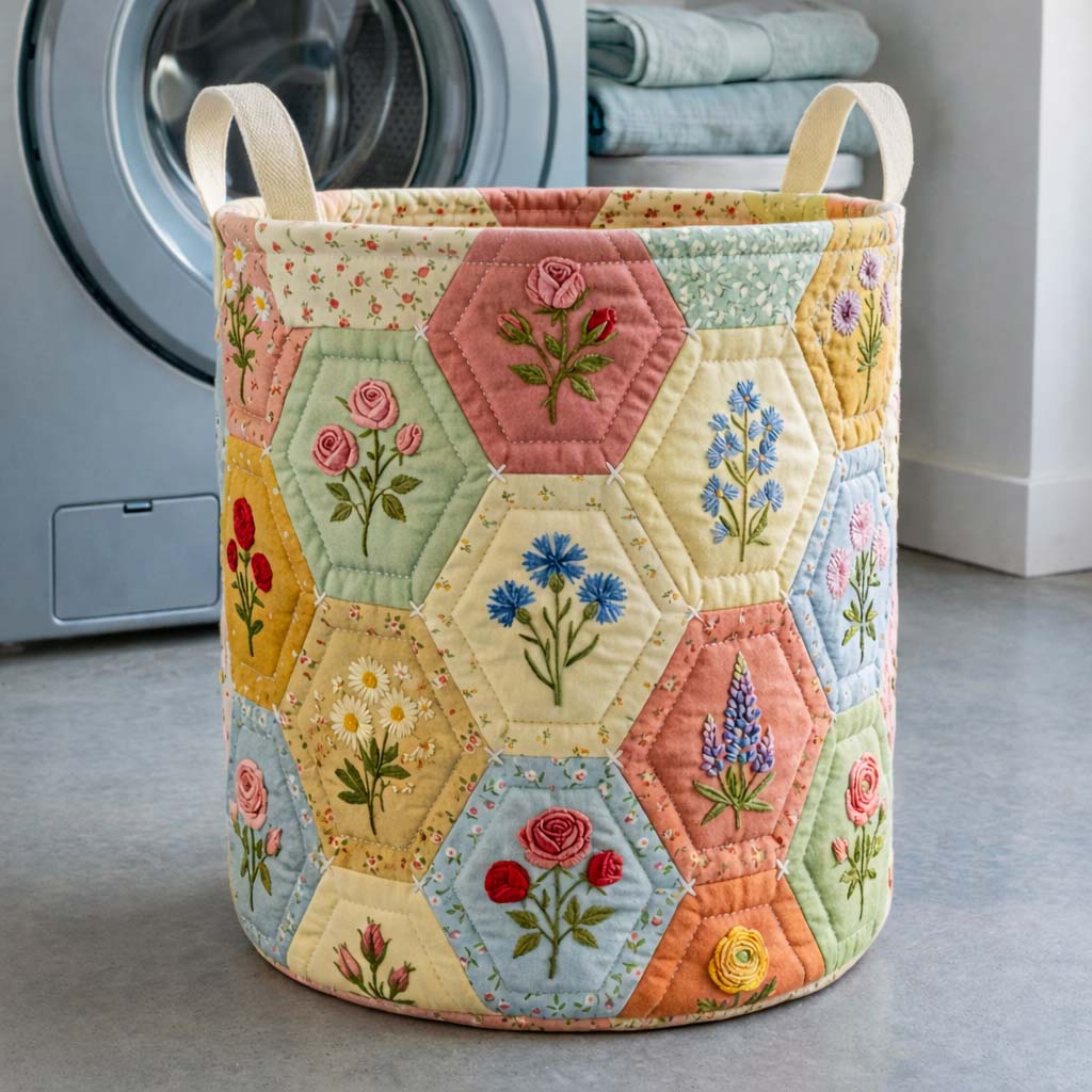 Floral Hexagon Quilted Laundry Basket Funny Baskets Gift For Grandma - Tradiviet