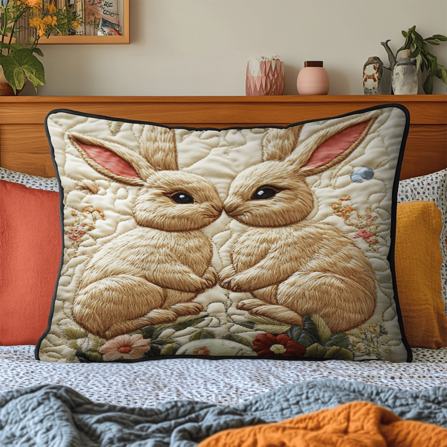 Floral Hop Quilted Pillow Case Spring Festival Easter Home Decor Housewarming Gifts - Tradiviet