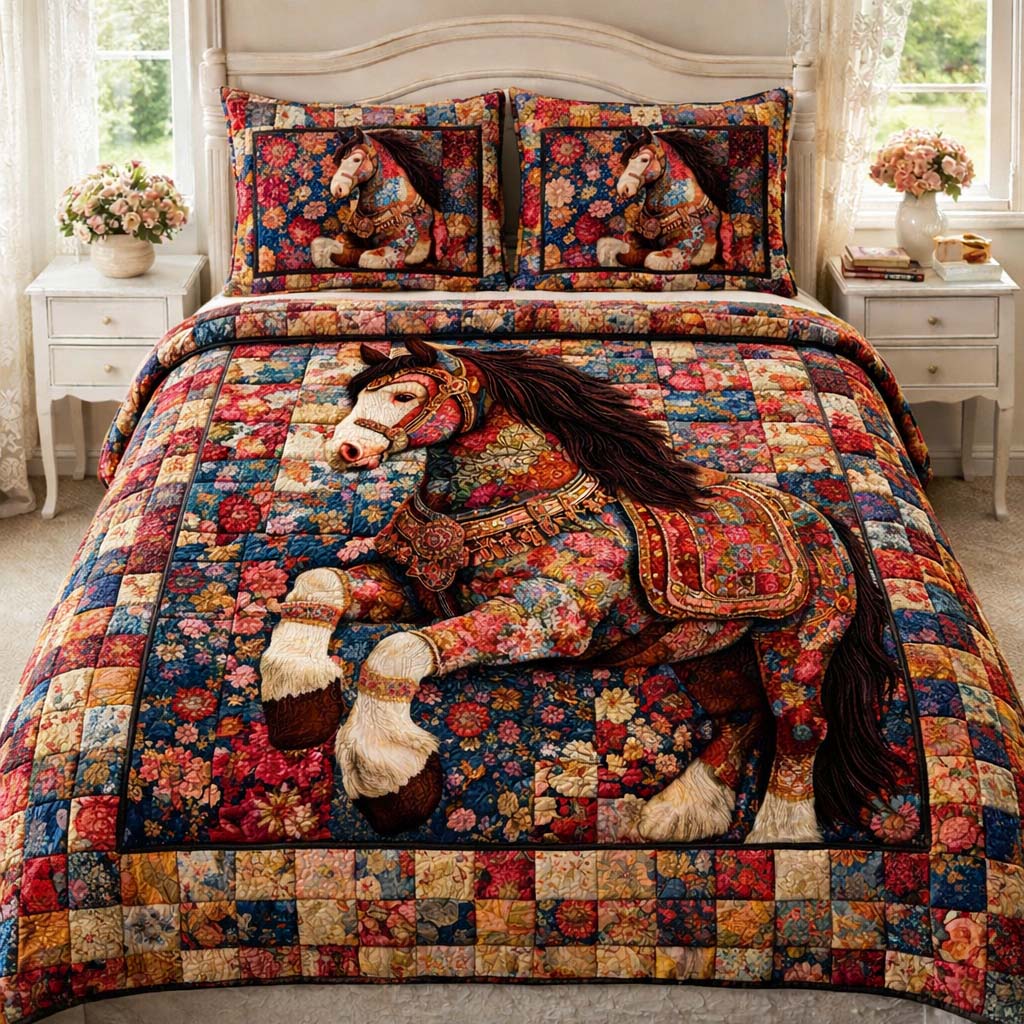Floral Horse Quilted Bedding Set Bed Room Decoration Birthday Presents For Horse Lovers - Tradiviet