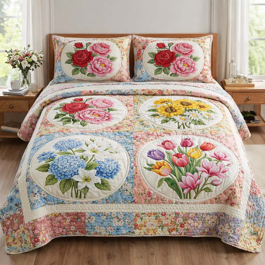 Floral Paradise Quilted Bedding Set Holiday Home Decor Ideas Flower Gift Items - Tradiviet