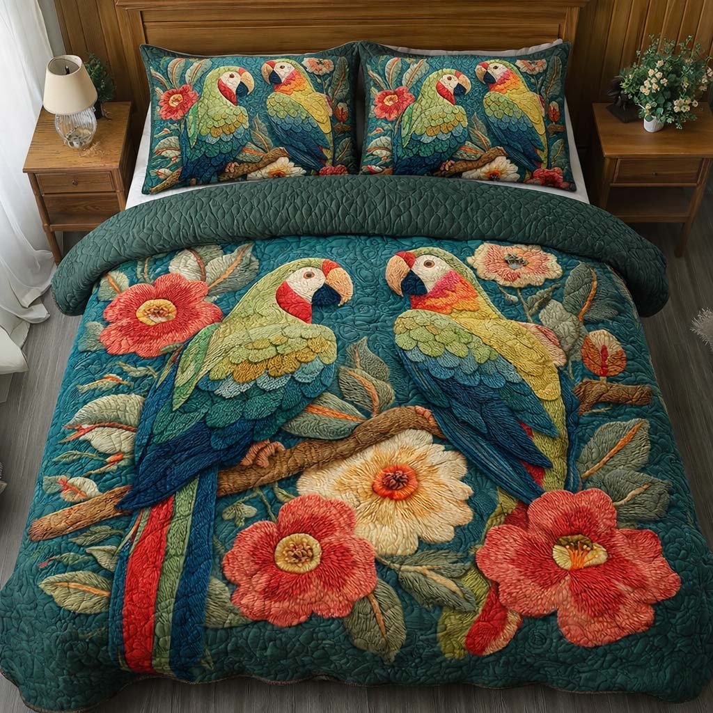 Floral Parrots Quilted Bedding Set Holiday Decorations Flower Presents - Tradiviet