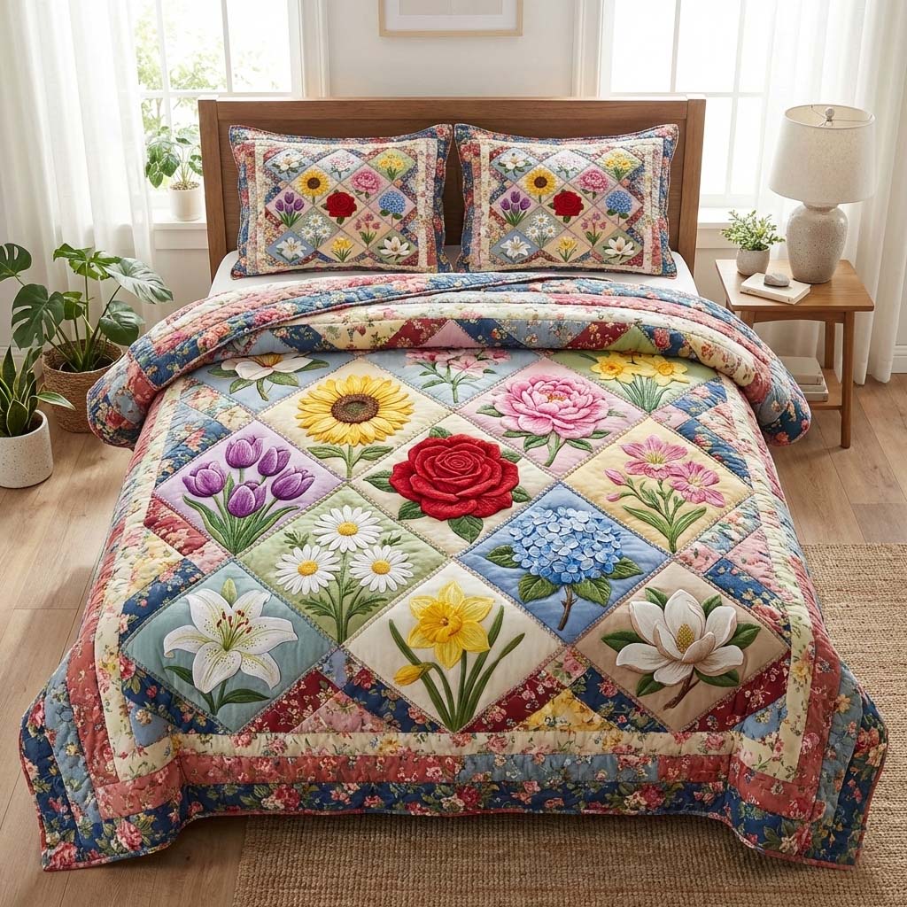 Floral Patch Quilted Bedding Set Bed Room Decoration Flower Gifts For Father's Day - Tradiviet