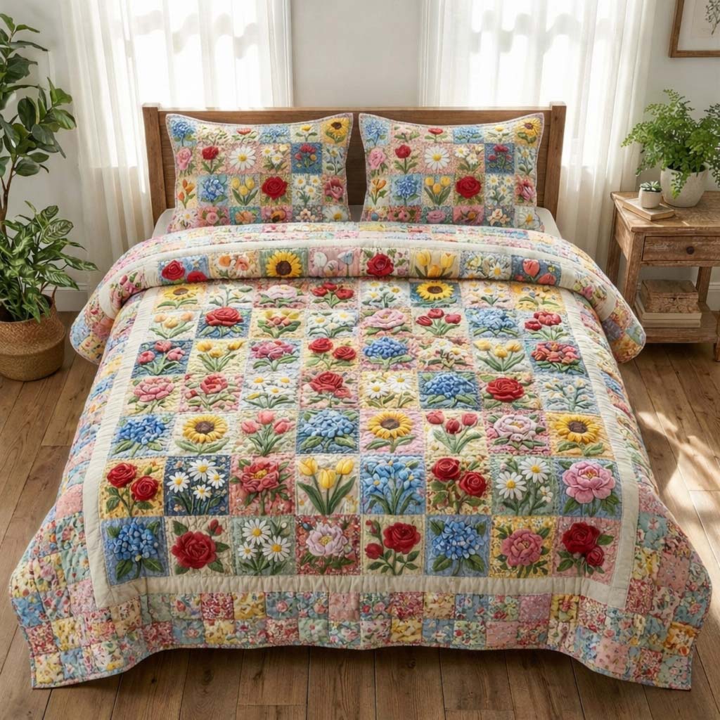 Floral Patch Quilted Bedding Set Holiday House Decorations Flower Gifts For Friends - Tradiviet