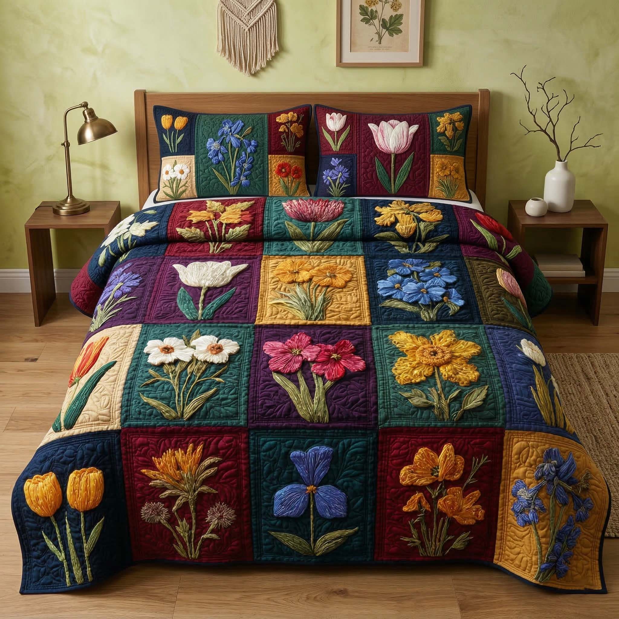 Floral Patchwork Quilted Bedding Set Bedroom Ideas Decorations Gift For Her - Tradiviet