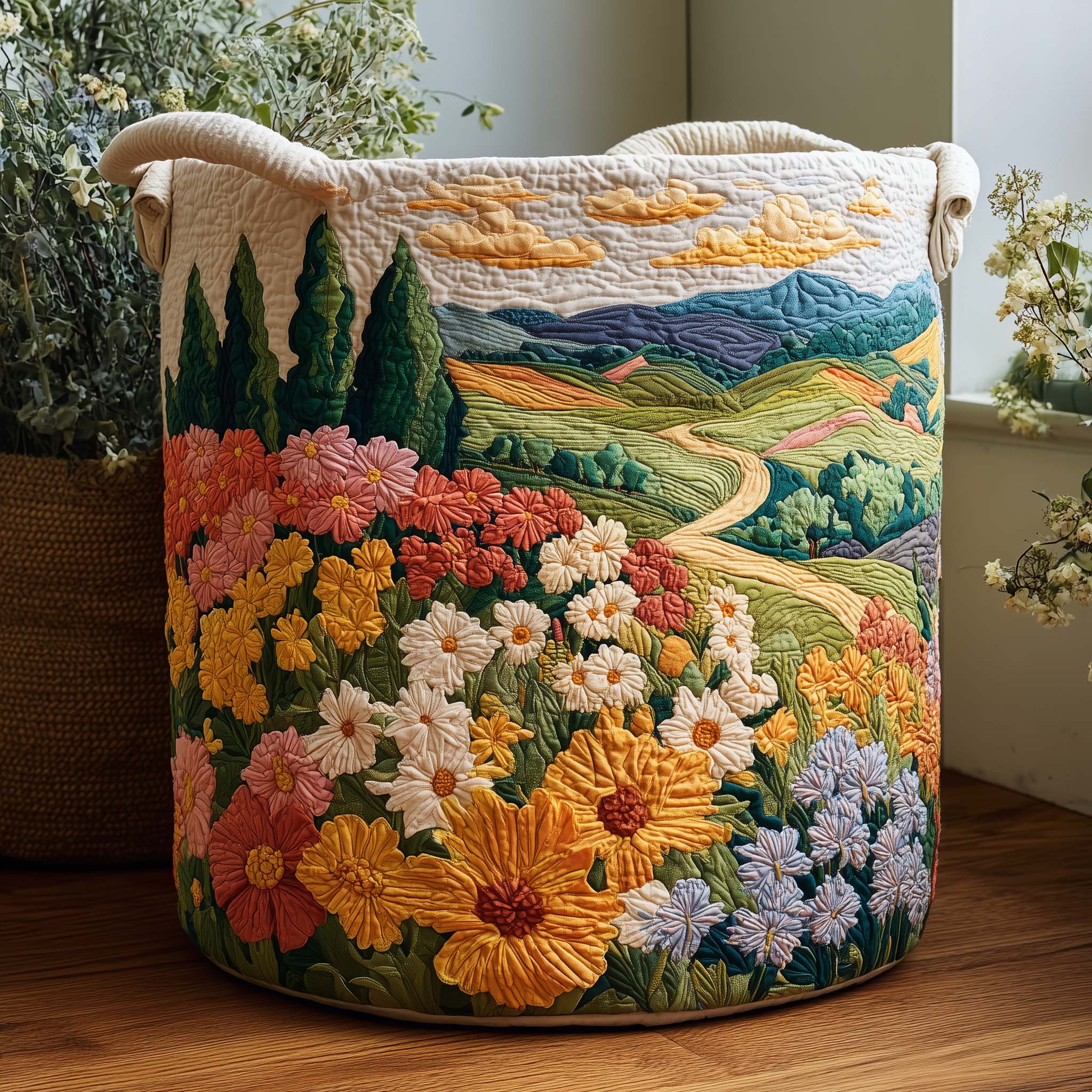 Floral Path Quilted Laundry Basket Cute Laundry Hamper Birthday Gifts For Mom - Tradiviet
