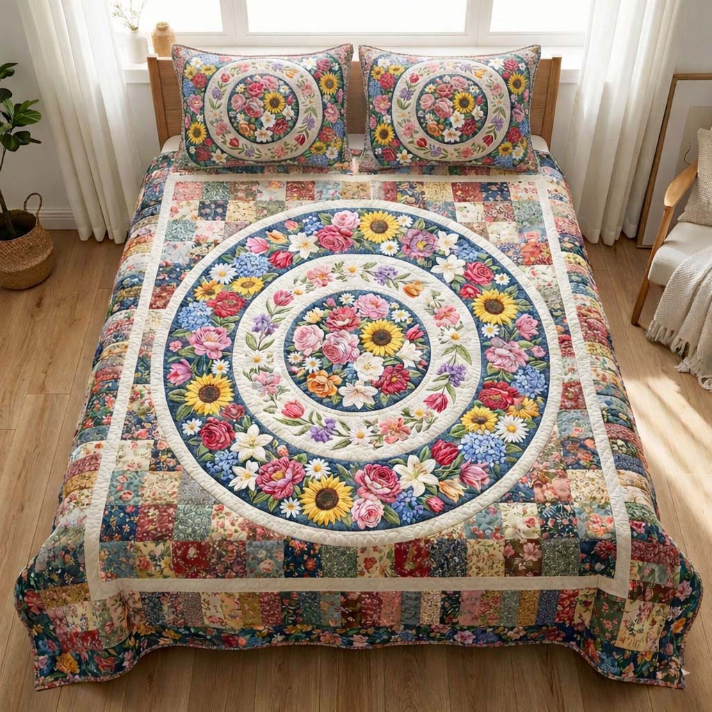 Floral Serenity Quilted Bedding Set Autumn Inspired Bedroom Gifts For Flower Enthusiasts - Tradiviet