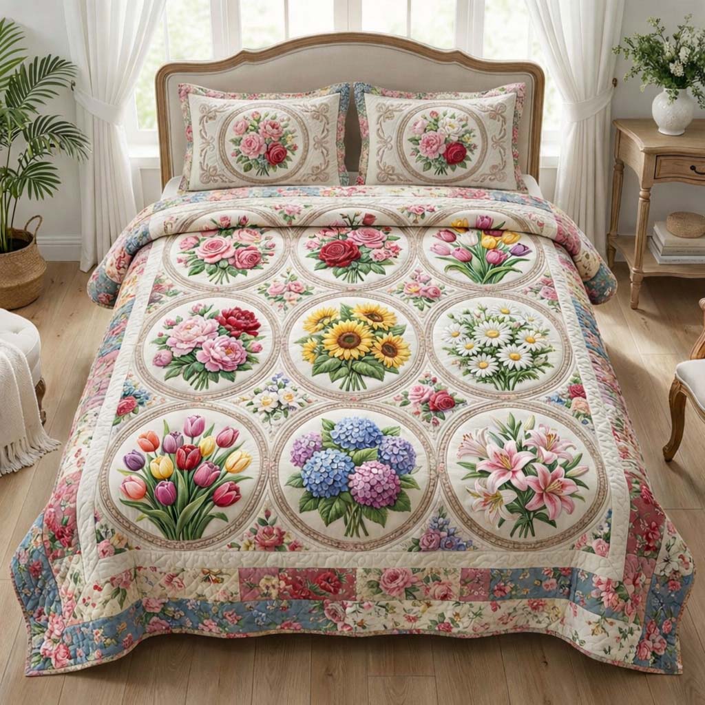 Floral Serenity Quilted Bedding Set Bohemian Bedroom Furniture Gifts For The Flower Lover - Tradiviet