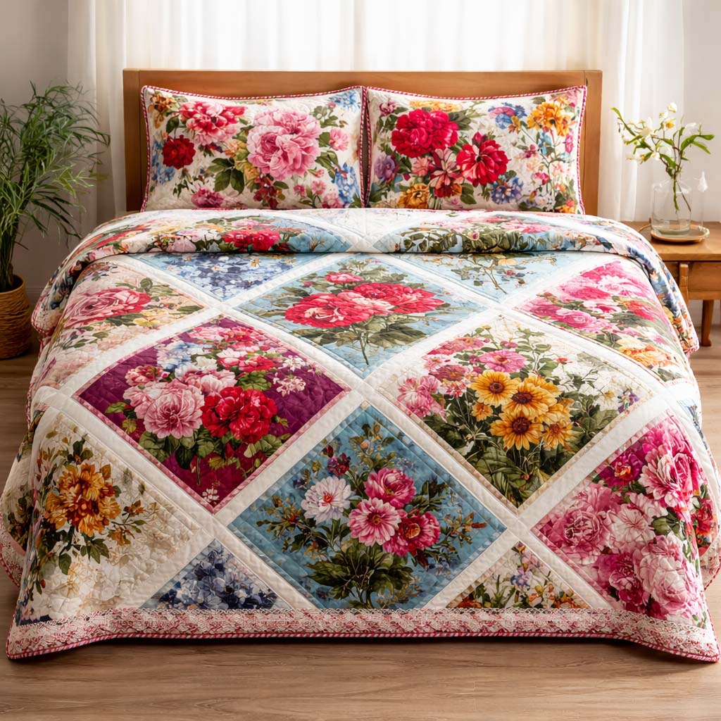Floral Serenity Quilted Bedding Set Holiday Bed Room Decor Presents For Flower Lovers - Tradiviet