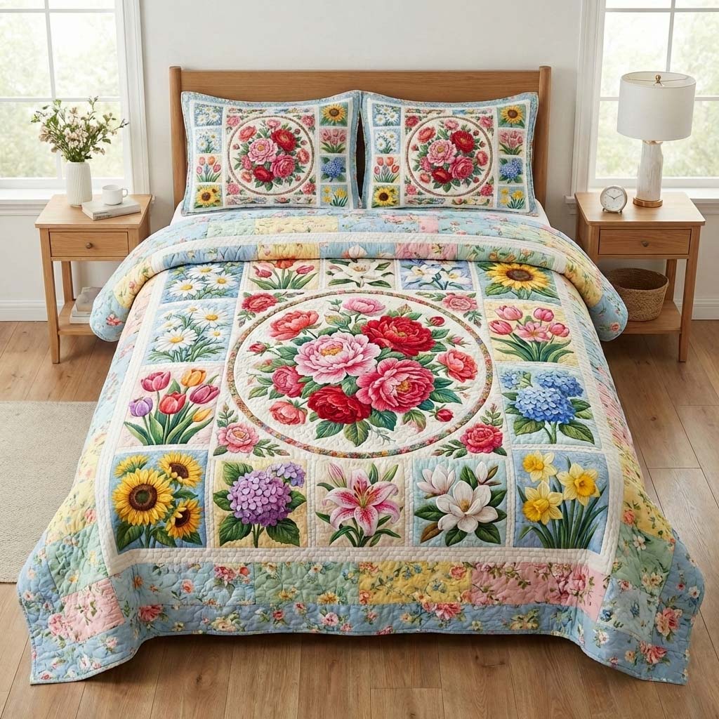 Floral Serenity Quilted Bedding Set Holiday Home Decor Gifts For Flower Lovers - Tradiviet
