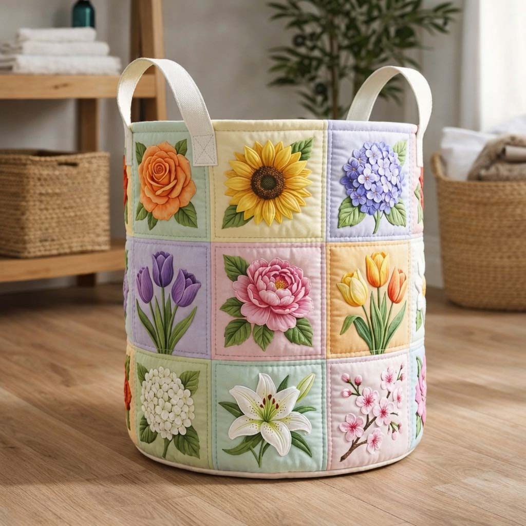 Floral Serenity Quilted Laundry Basket Adorable Laundry Basket Best Gifts For Mom - Tradiviet