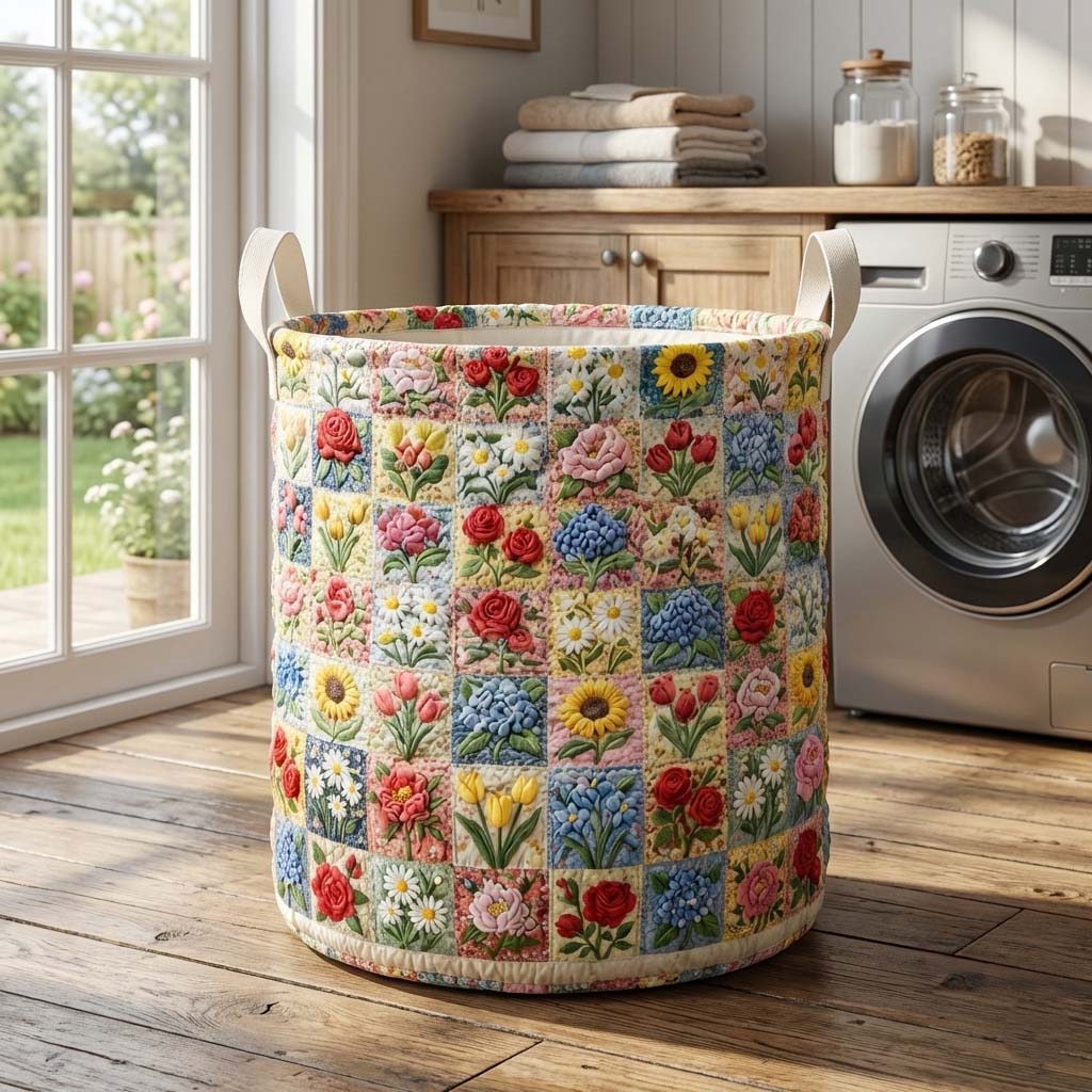 Floral Serenity Quilted Laundry Basket Cool Laundry Hamper Dad Gifts - Tradiviet