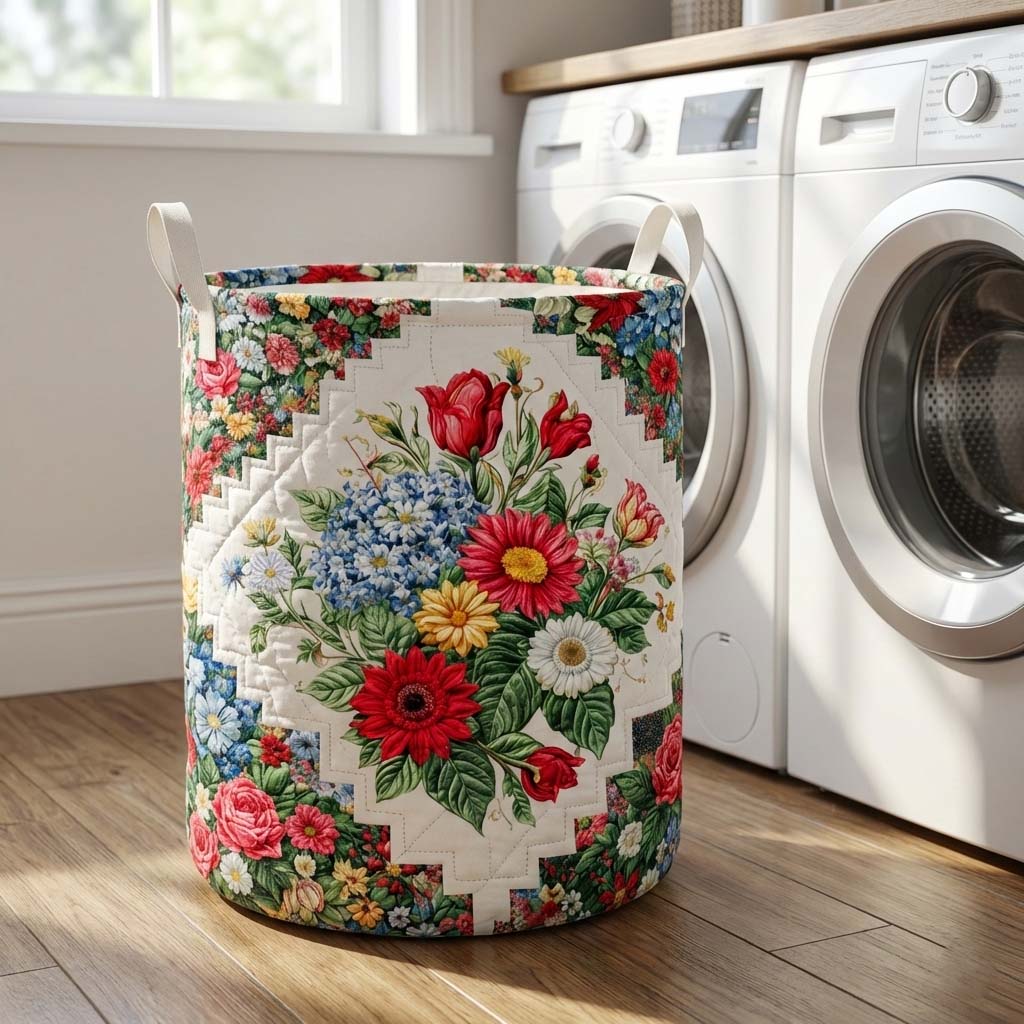 Floral Serenity Quilted Laundry Basket Cool Laundry Hamper Unique Mother's Day Gifts - Tradiviet