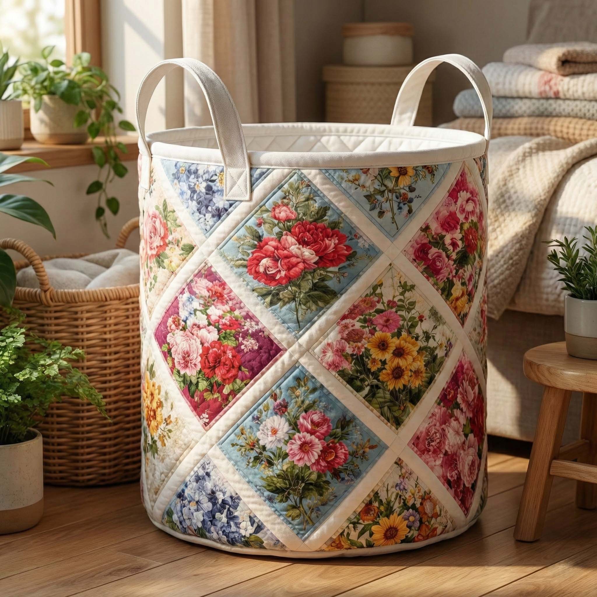 Floral Serenity Quilted Laundry Basket Cute Baskets Birthday Gifts For Mom - Tradiviet