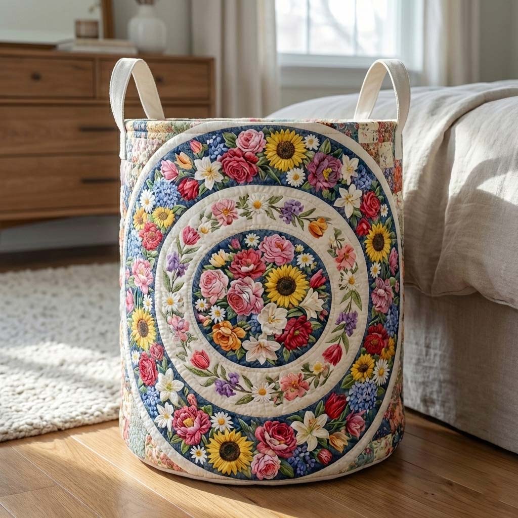 Floral Serenity Quilted Laundry Basket Cute Room Decor Gift Ideas For Sister In Law - Tradiviet