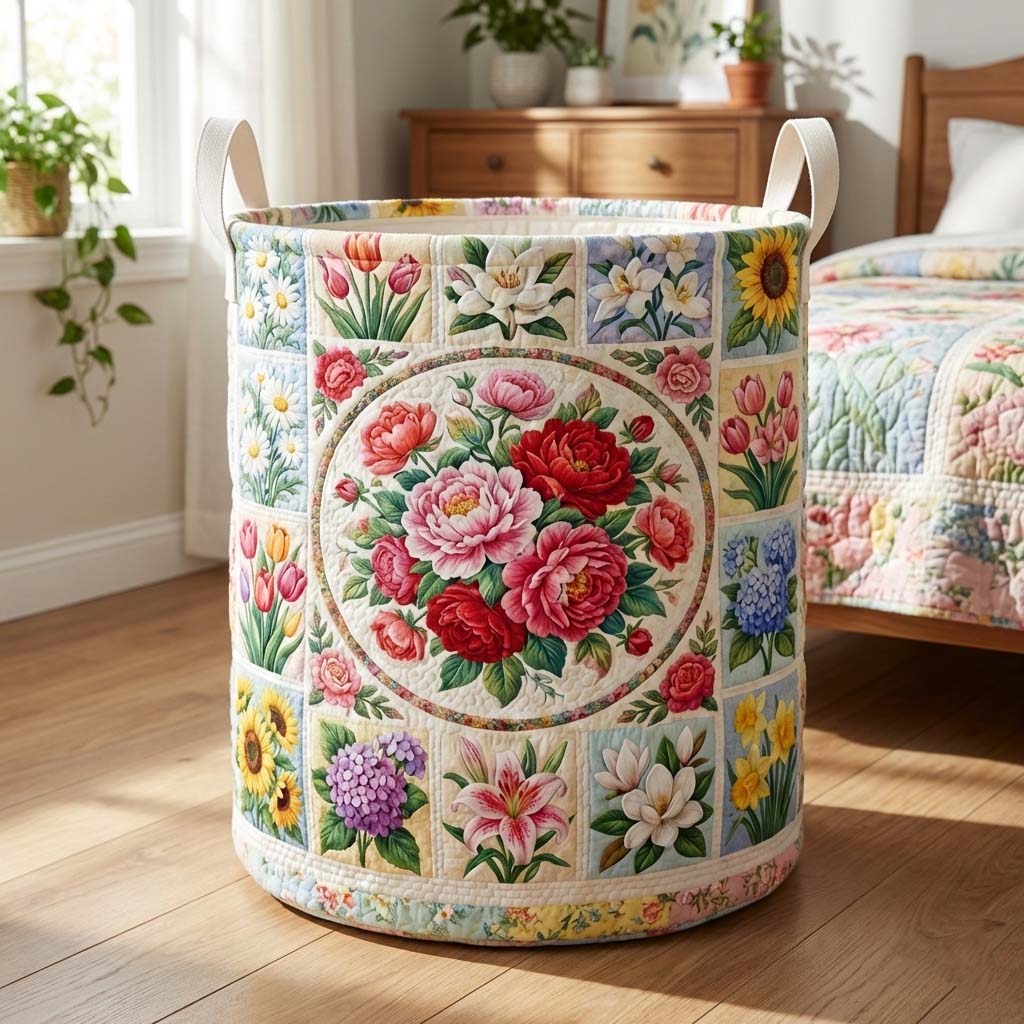 Floral Serenity Quilted Laundry Basket Nice Storage Baskets Presents For Dad - Tradiviet