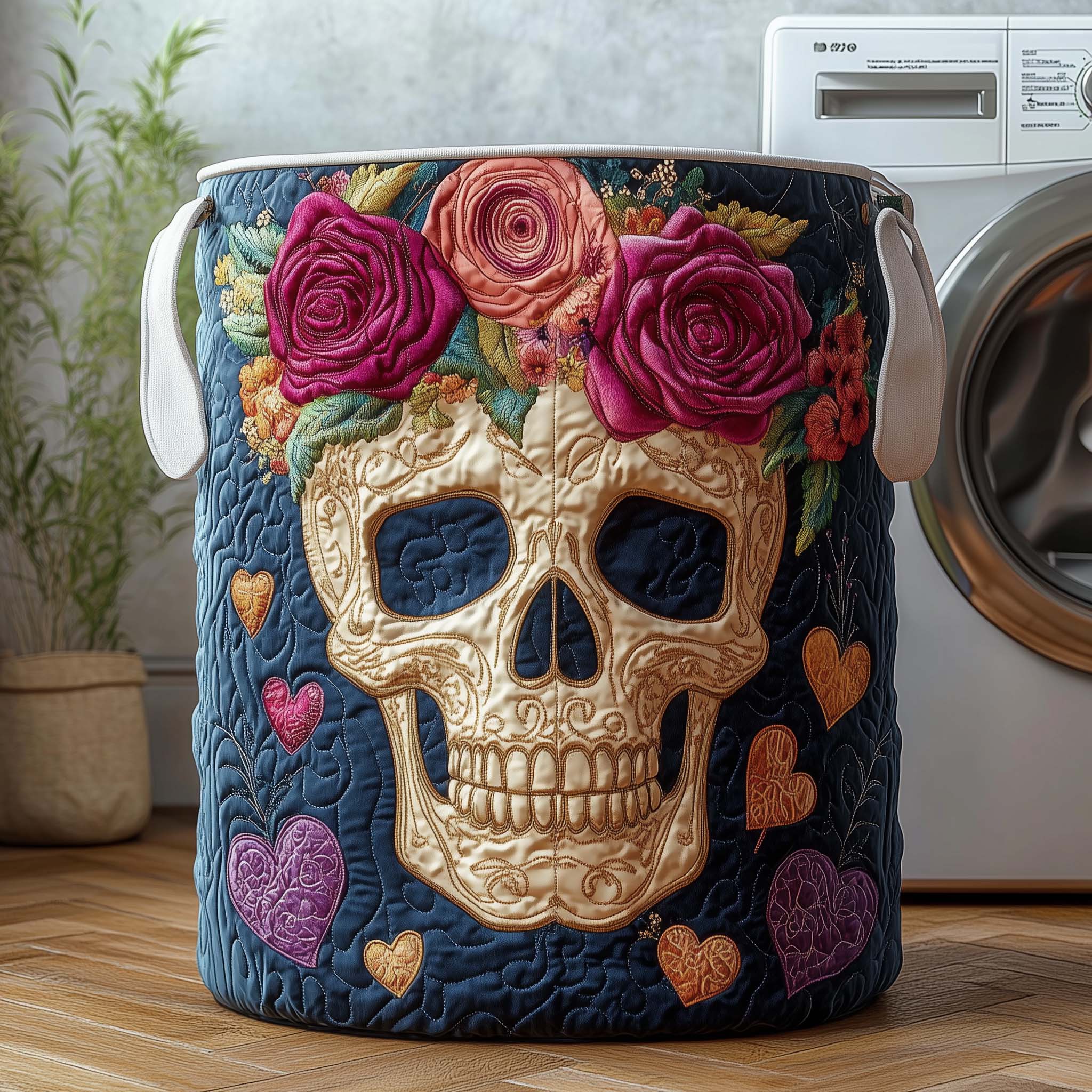 Floral Skull Quilted Laundry Basket Washroom Decor Baskets Presents For Sister In Law - Tradiviet