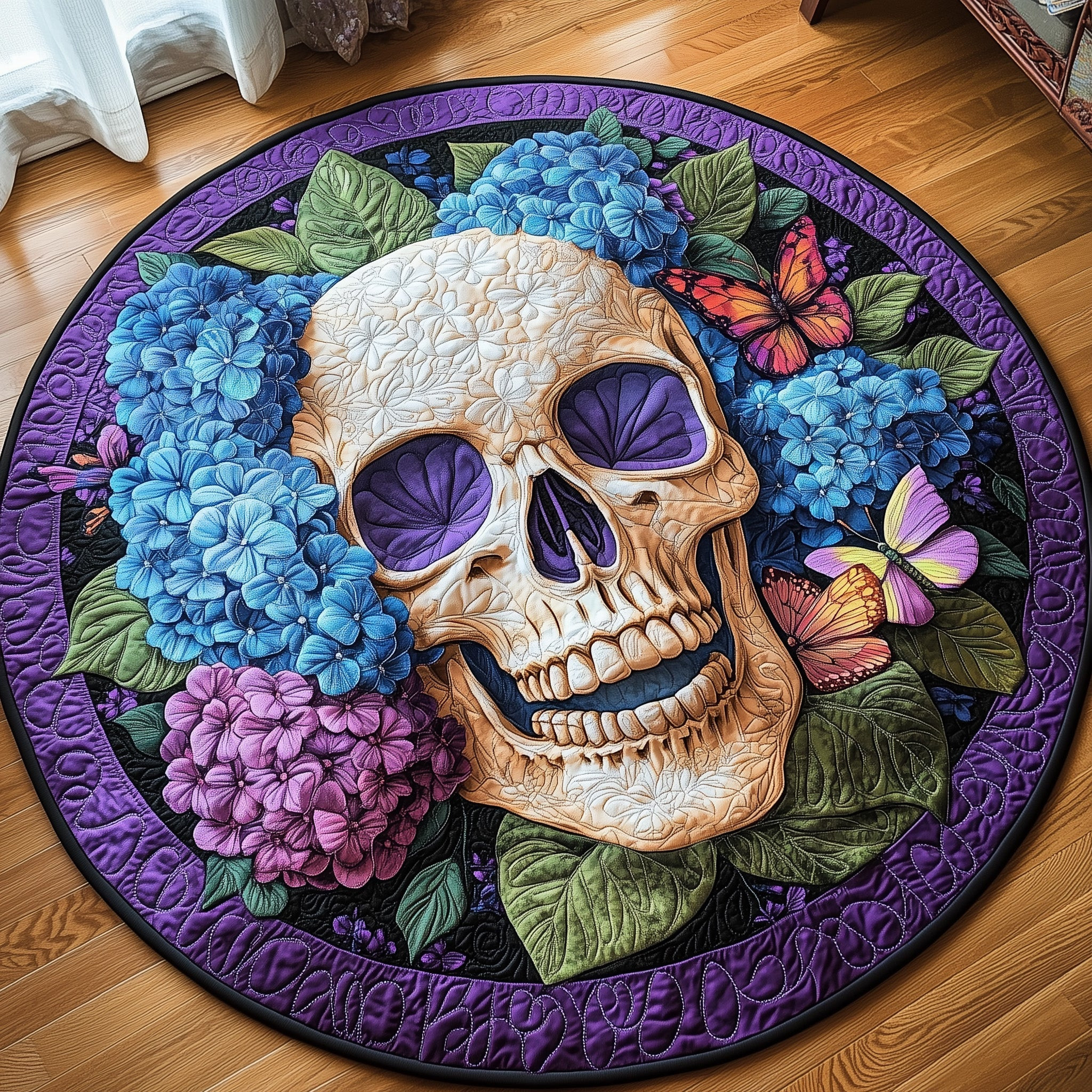 Floral Skull Quilted Round Mat Gothic Hydrangea Circle Rug Gift For Friend - Tradiviet