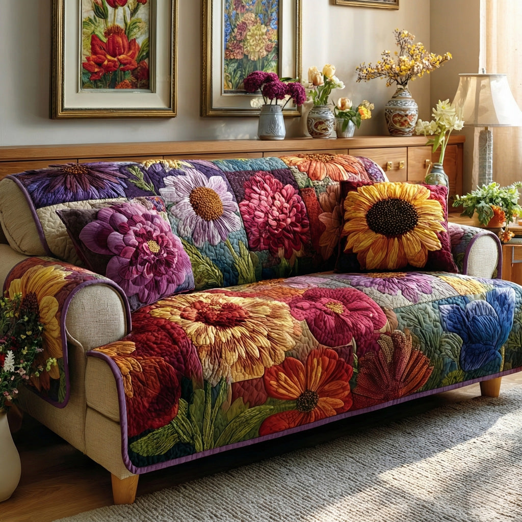 Floral Symphony Quilted Sofa Cover Elegant Floral Living Room Decor