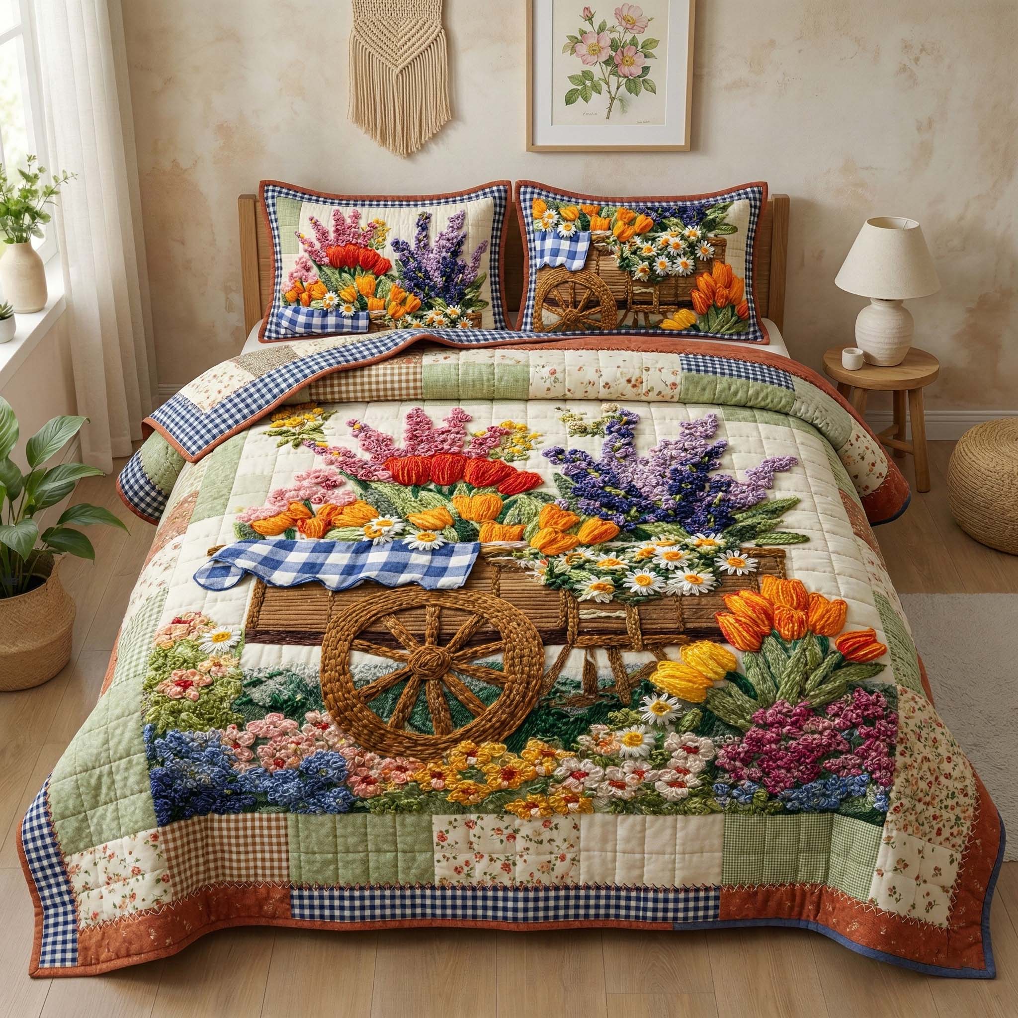 Floral Wagon Quilted Bedding Set Holiday Bedroom Decor Best Gifts For Flower Lovers - Tradiviet