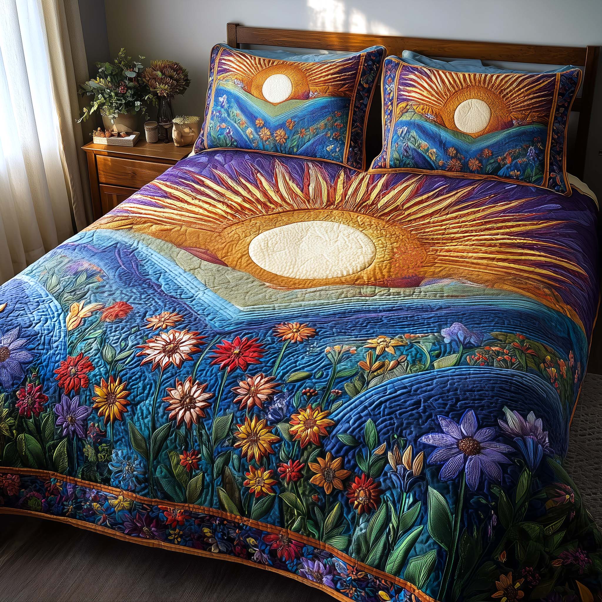 Flower Drift Quilted Bedding Set Holiday Home Decor Sunflower Gifts For Grandma - Tradiviet