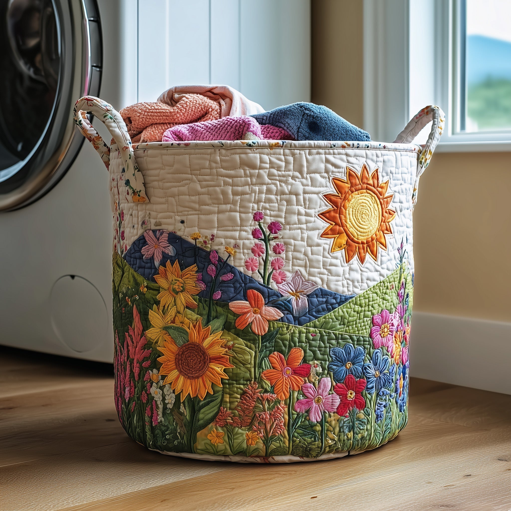 Flower Field Quilted Laundry Basket Holiday Room Decor Mothers Day Present Ideas - Tradiviet