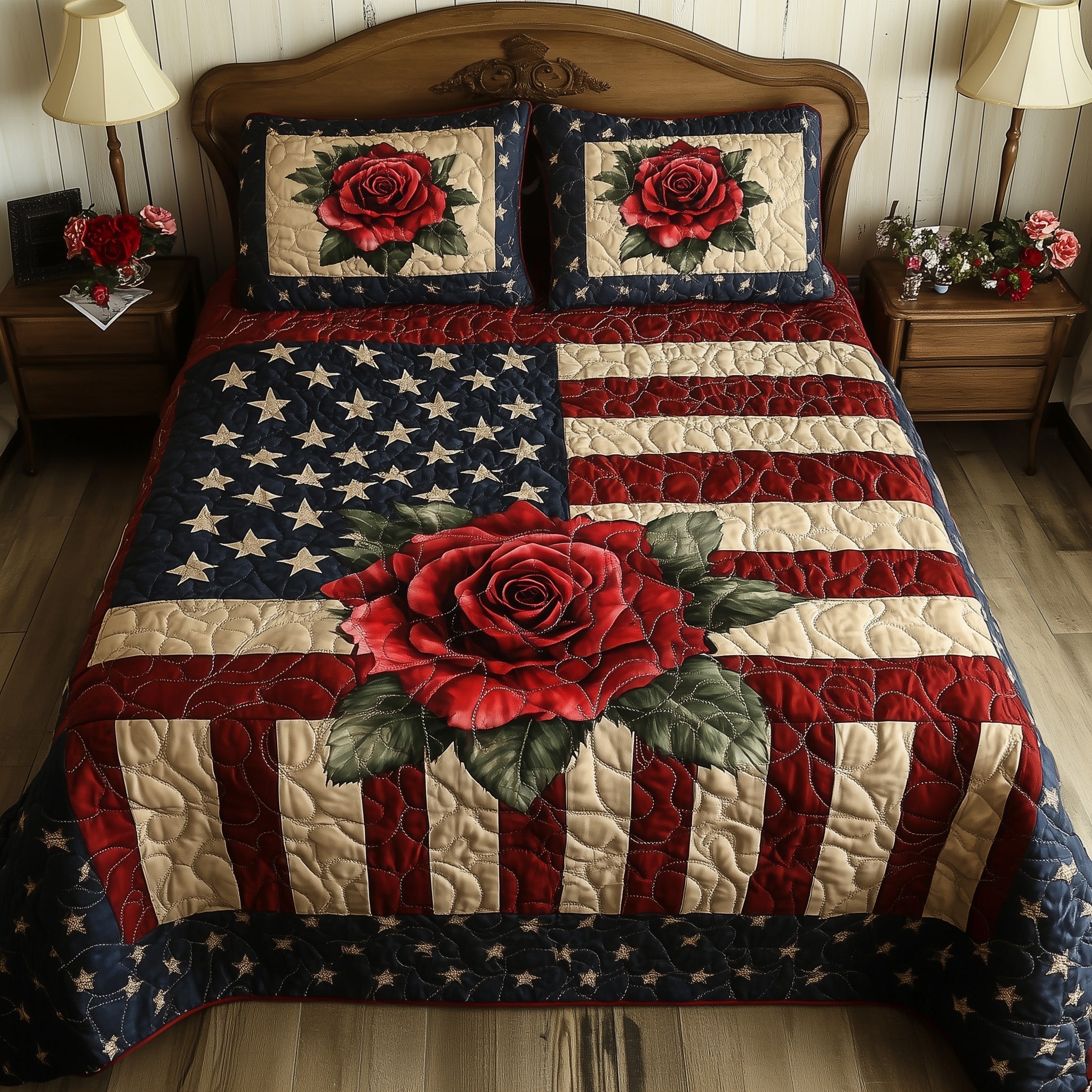Flower Rose USA Flag Quilted Bedding Set American Heritage Bedding Set Gift For Nurses - Tradiviet