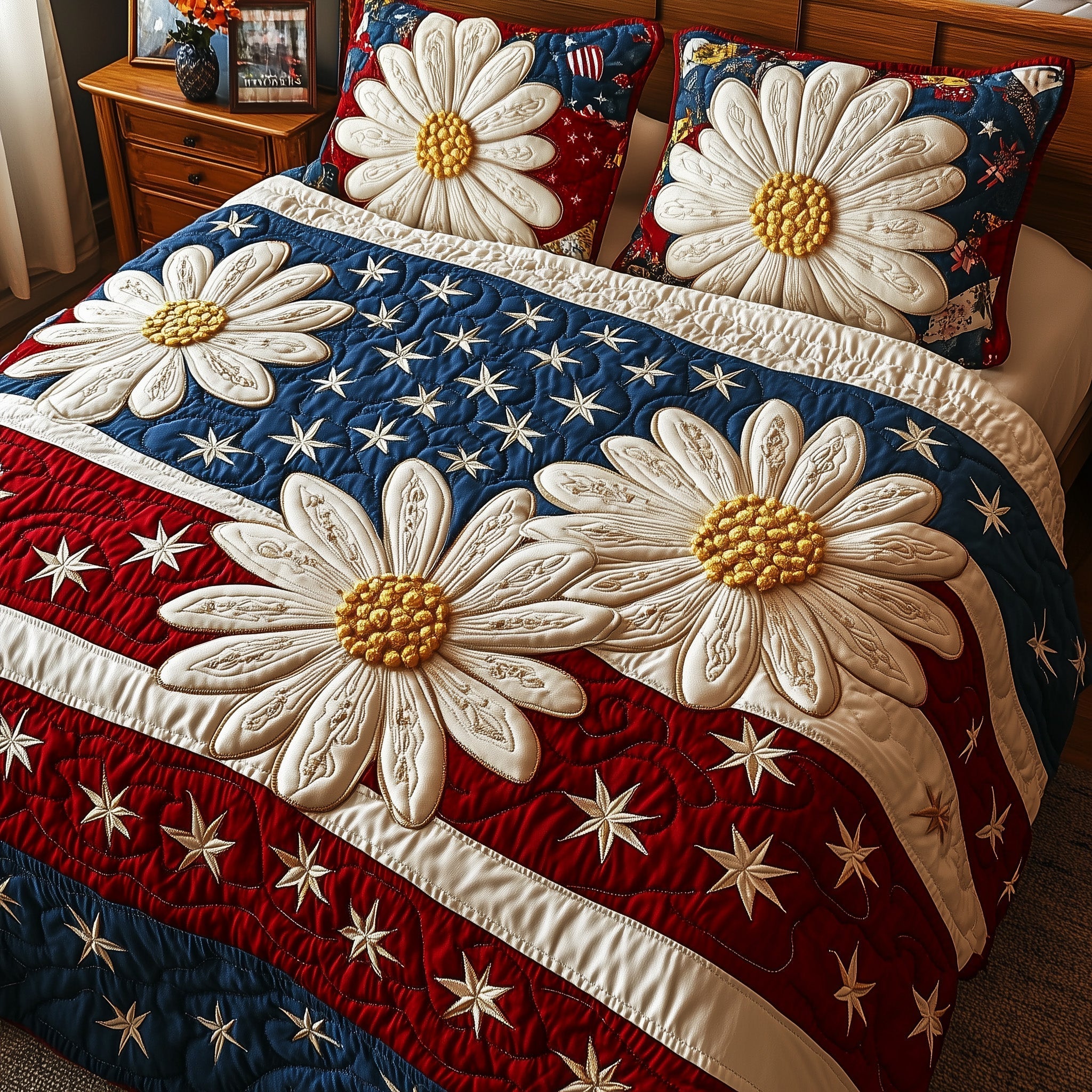 Flowers Daisy USA Flag Quilted Bedding Set Patriotic 250 Rustic Bedding Gift For Daughter - Tradiviet