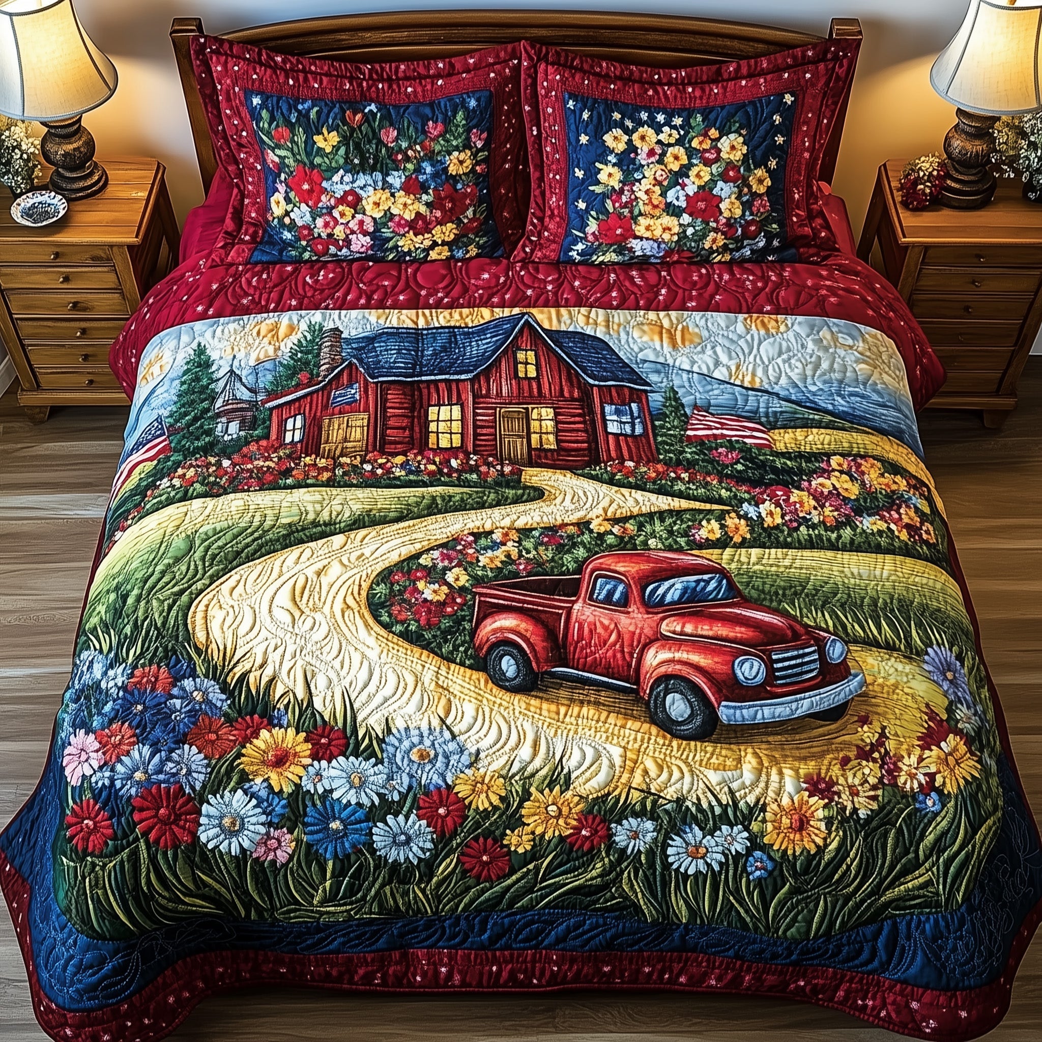 Flowers House Truck America 250 Flag Quilted Bedding Set Rural Lands Bedding Gift For Son - Tradiviet