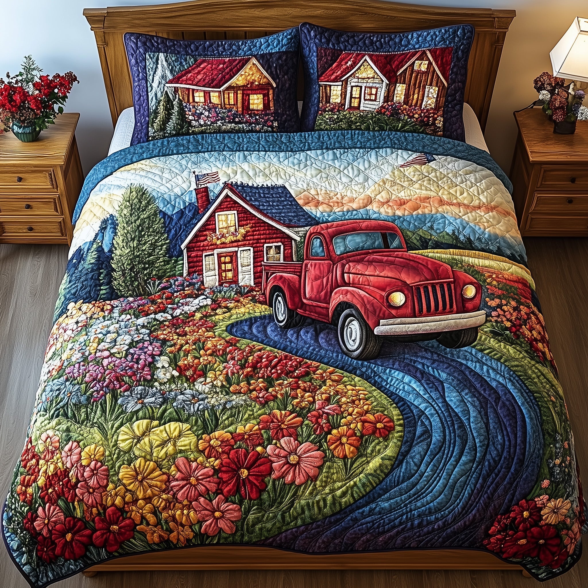 Flowers House Truck US Flag Quilted Bedding Set Country Scene Vibrant Quilt Cover Set Gift For Her - Tradiviet