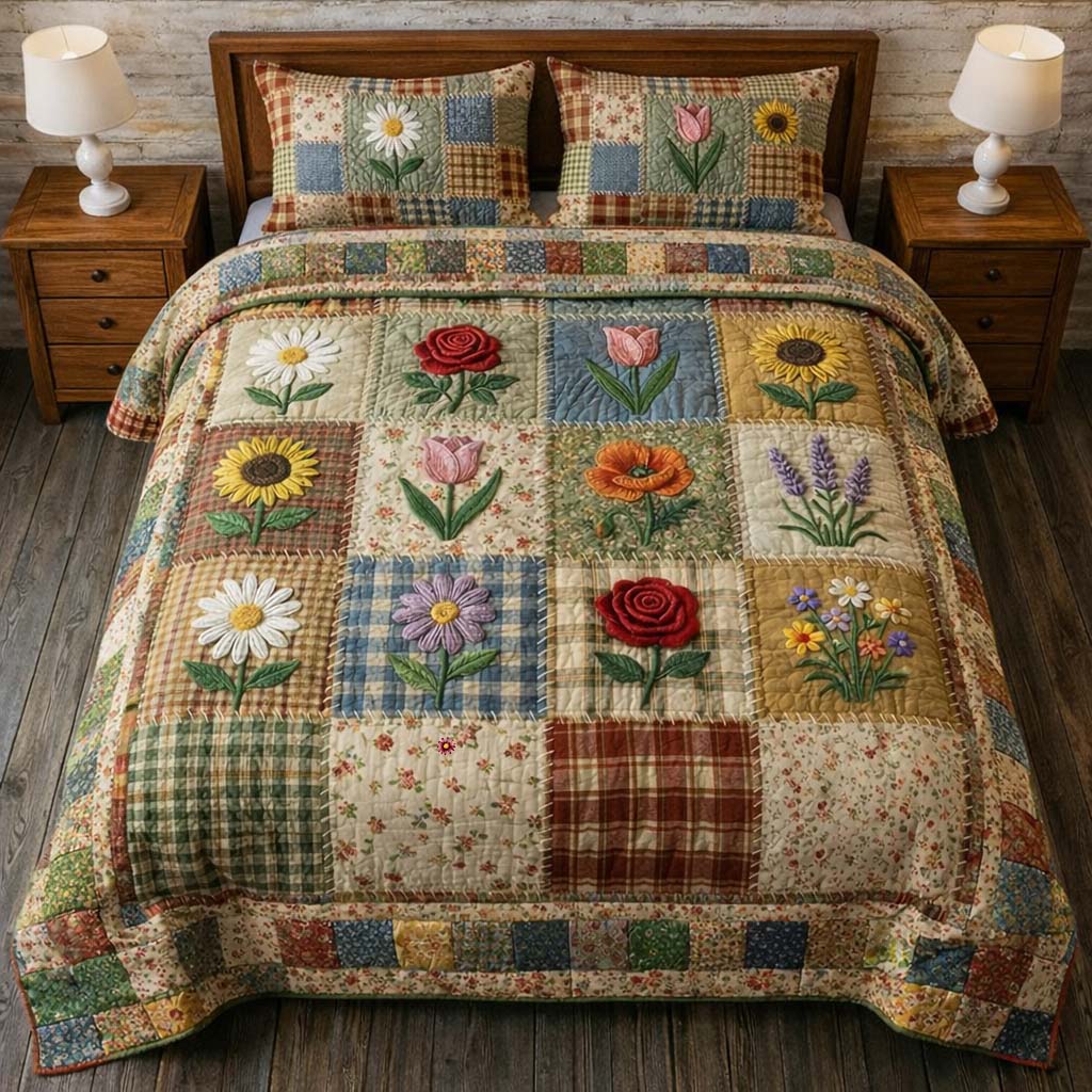 Flowers Patchwork Quilted Bedding Set Holiday Decorations Great Gift For Garden Lovers - Tradiviet