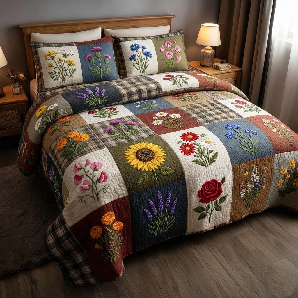 Flowers Patchwork Quilted Bedding Set Holiday Home Decor Charming Gift For Morther's Day - Tradiviet