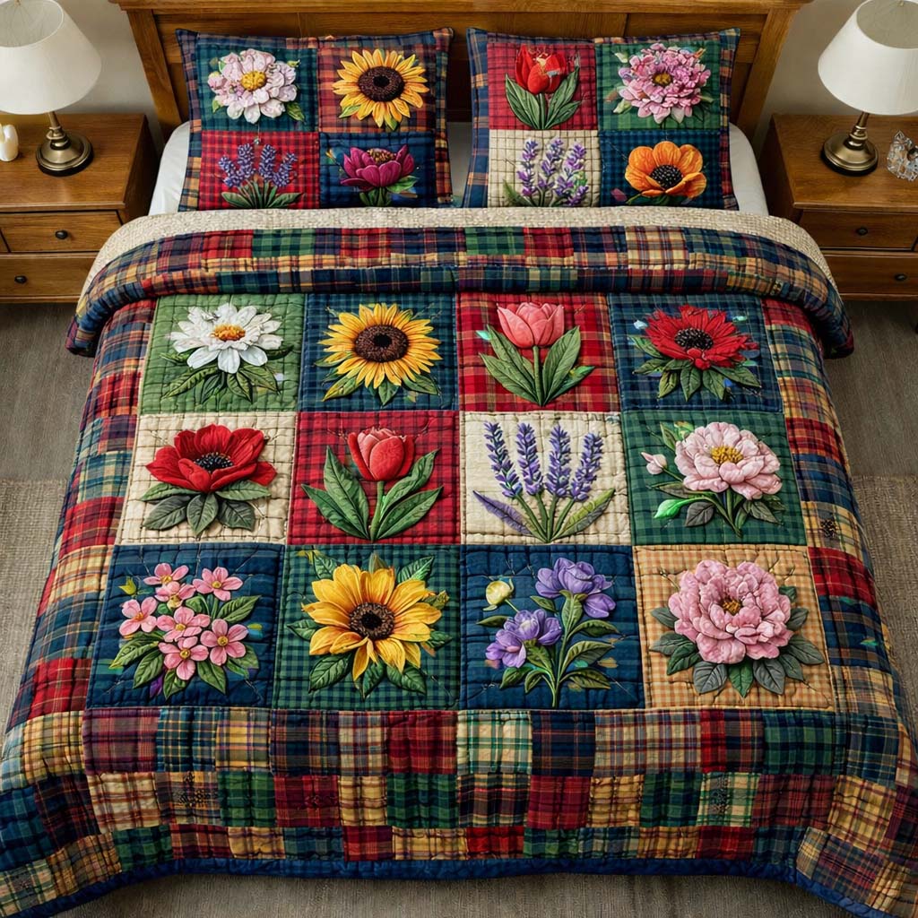 Flowers Patchwork Quilted Bedding Set Holiday Home Decor Perfect Gift For Flower Lovers - Tradiviet