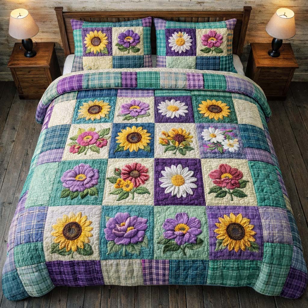 Flowers Patchwork Quilted Bedding Set Holiday House Decorations Ideal Gift For Patchwork Fans - Tradiviet