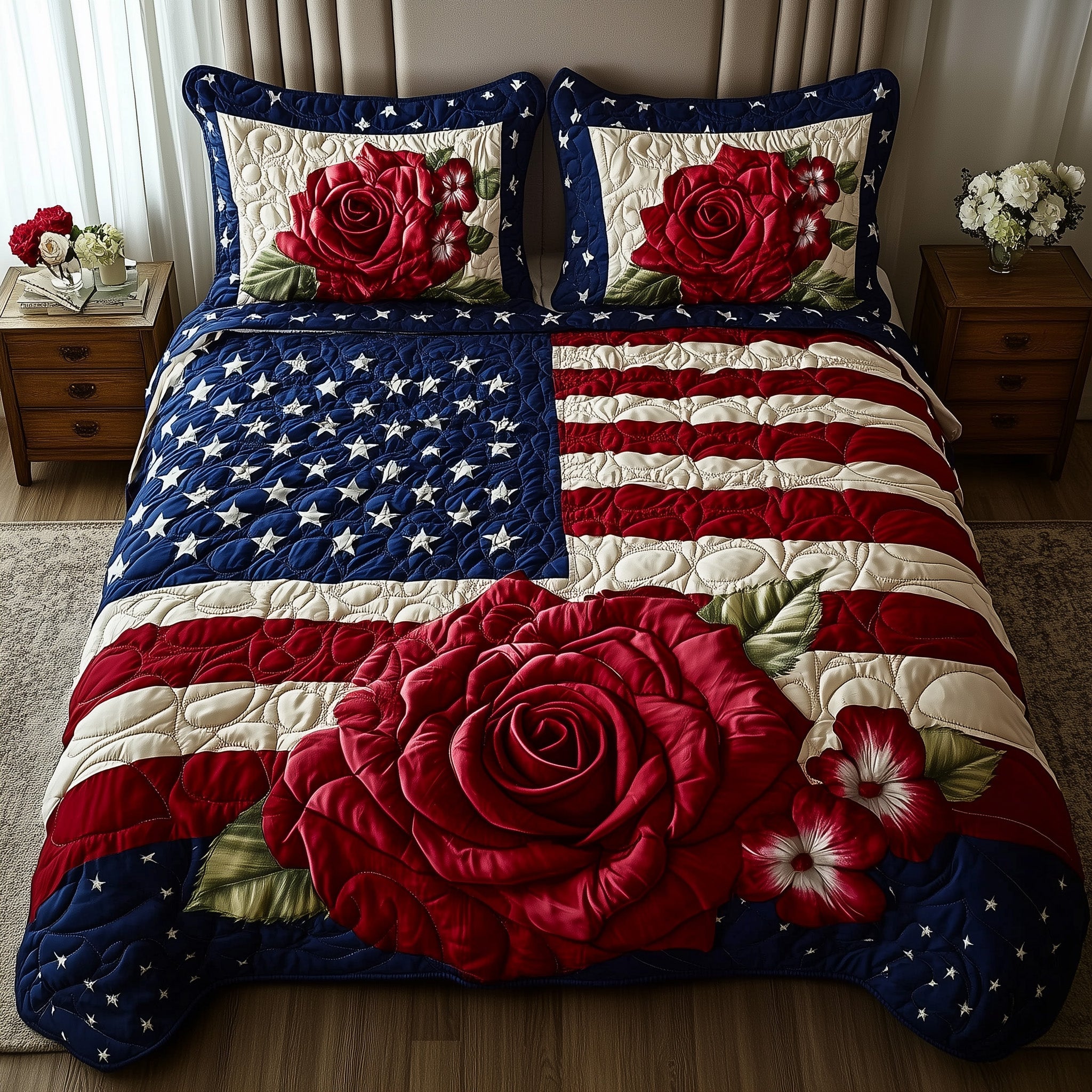 Flowers Rose America 250 Flag Quilted Bedding Set USA 250 Years Bedding Gift For Best Friend - Tradiviet