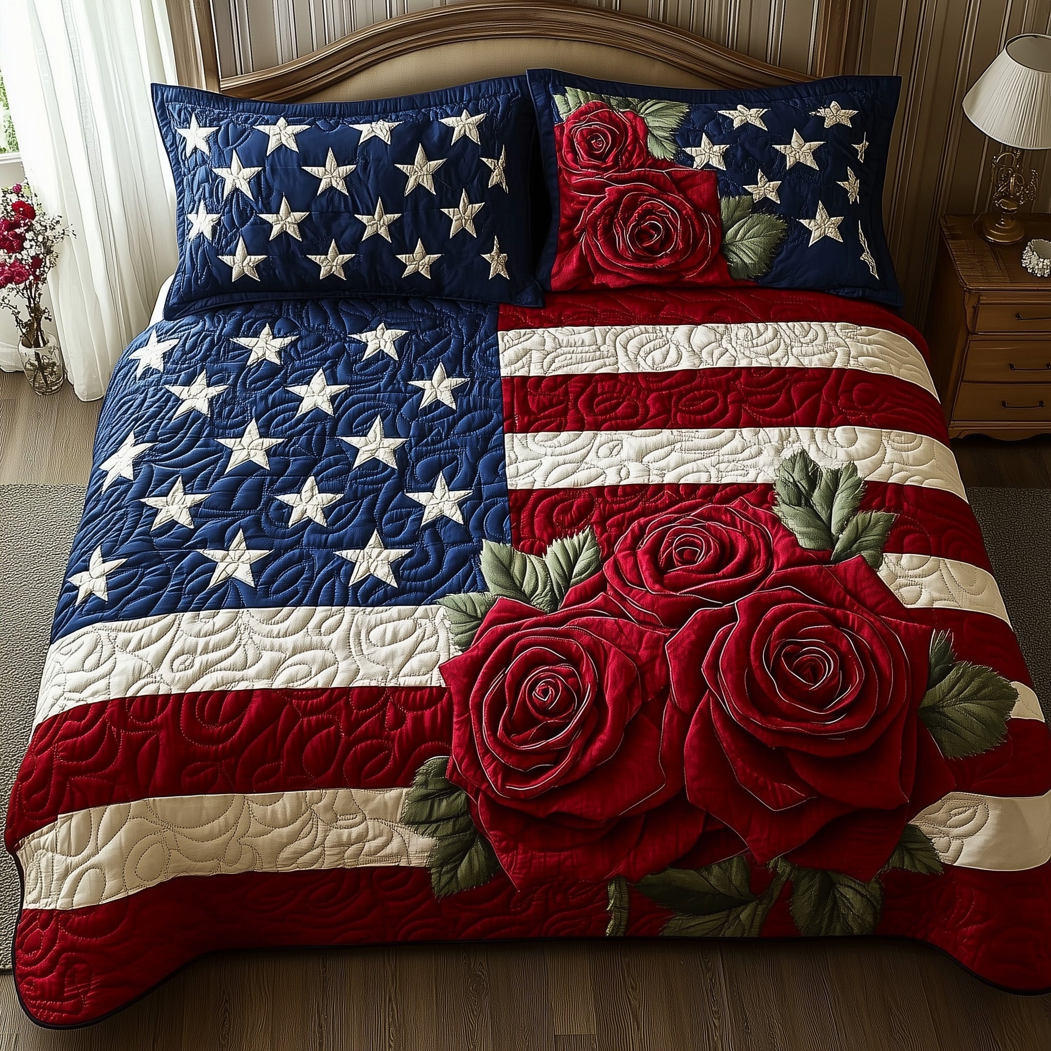 Flowers Rose US Flag Quilted Bedding Set American Spirit Rustic Bedding Gift For Army Dad - Tradiviet